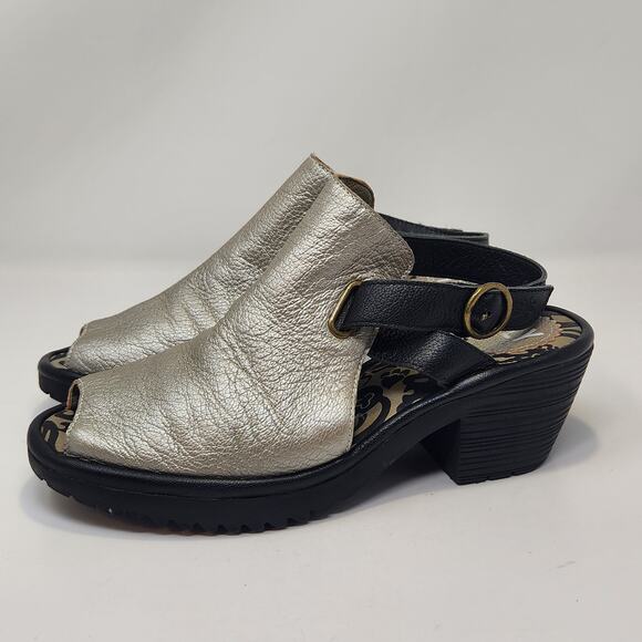 Fly London Wena Silver Black Leather Slingback Sandal Size 38 US 7.5 Peep Toe - Picture 4 of 8